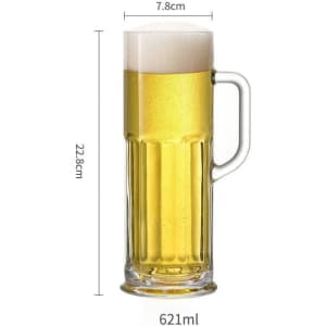 A 21 oz. glass beer mug filled with yellow beer and topped with a frothy foam, featuring a clear handle.