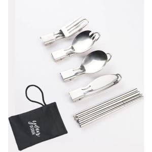A stainless steel folding camping cutlery set with a spoon, fork, knife, and straws, accompanied by a pouch.