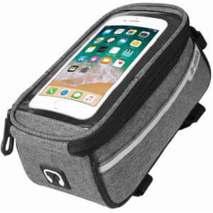 A grey bike top tube bag with a transparent phone holder on top, featuring a zip closure and fastening straps.
