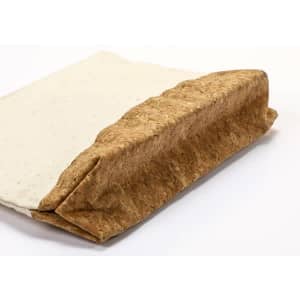 An eco-friendly pouch featuring a natural cork base and a cream canvas top, with a simple zipper closure.