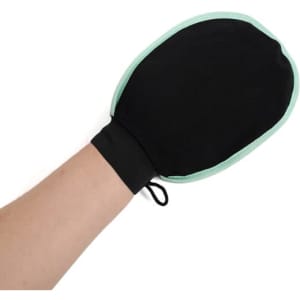 A pair of bath exfoliating gloves featuring a black mesh body and mint green trim.