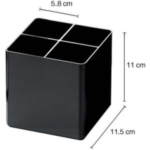 A black makeup brush holder organiser with four compartments, measuring 5.8 cm by 11.5 cm by 11 cm.