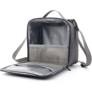 A grey insulated lunch bag with a spacious interior and a front pocket, featuring a zipper and shoulder strap.