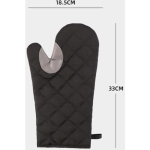 A black oven mitt with a grey accent, featuring a quilted pattern and measuring 33 cm in length.