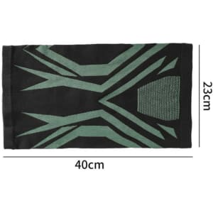 A black and green personalised cycling windproof neck gaiter measuring 40cm by 23cm, featuring a geometric design.