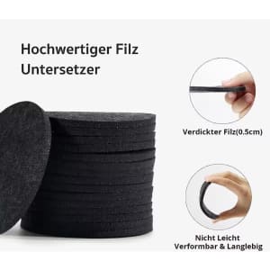 A stack of black felt coasters, highlighting their thickness and material. The set offers a stylish drink accessory.
