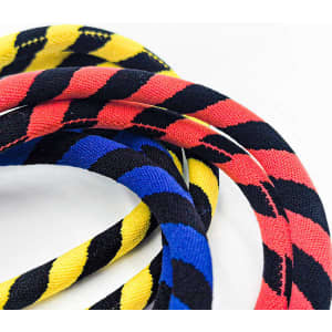 A customizable long lanyard with a key ring, featuring red, yellow, blue, and black striped patterns.