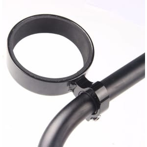 A drink bottle holder in black, featuring a circular grip and attachment for a bike handlebar.