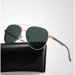 Polarised sunglasses with dark green lenses and a stylish gold frame, accompanied by a black felt storage bag.