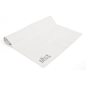 A white cleaning polishing cloth displayed flat, featuring a storage bag and a logo in one corner.