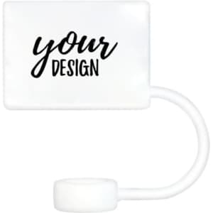 A silicone straw cover cap in white, featuring a design area and a connecting straw holder. It has a logo.