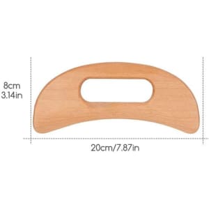 A custom wooden guasha board in a light, natural wood finish, featuring a handle and measuring 20 cm by 8 cm.