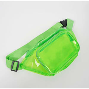 A clear fanny pack in bright green with a zippered compartment and an adjustable strap.