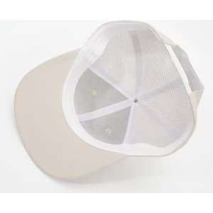 A beige embroidered sports snapback hat with a mesh lining and adjustable strap on the back.