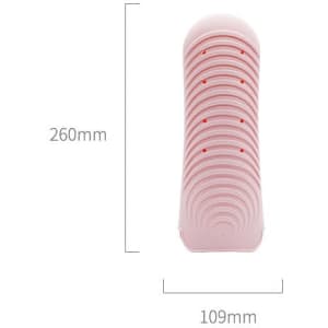 A pink silicone mat pouch with measurement markings, designed for heat resistance. It has a logo on the surface.