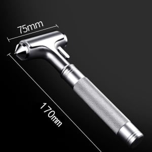 A multi-functional car safety hammer in silver, featuring a textured grip and a pointed end for emergencies.