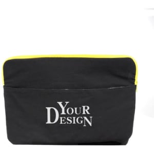A black 14-inch laptop sleeve with a yellow zipper and a front pocket. It features a logo on the front.