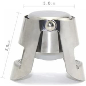 A stainless steel champagne bottle stopper with a shiny finish and a rounded top, featuring a logo.