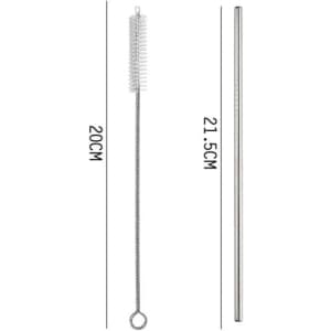 A reusable stainless steel straw set featuring two stainless steel straws and a cleaning brush in silver.