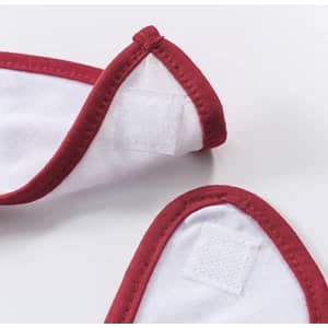 A white baby bib with a burgundy trim and Velcro fastenings on the edges, featuring a logo.