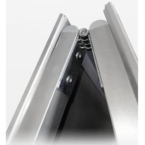 A close-up of an Aluminium A Frame Poster Display Stand, showcasing its metallic finish and hinge mechanism.