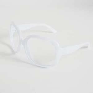An oversized vintage eyeglasses frame in white, featuring a bold rectangular design with thick arms.