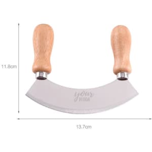 A stainless steel mezzaluna chopper with wooden handles, featuring a curved blade for chopping.