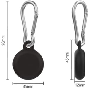 A black Location Tracker Anti-Lost Protective Cover with a metal carabiner, featuring dimensions of 90mm and 35mm.
