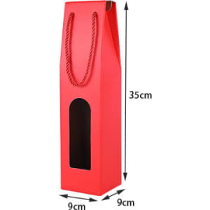 A drink bottle packaging bag in red with a window, measuring 35cm tall and 9cm wide, featuring a rope handle.