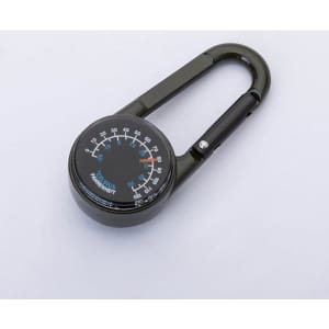A dark green zinc alloy carabiner with a built-in compass and scale for measurement.