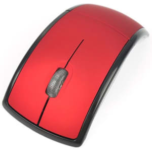 A foldable wireless mouse in red and black, featuring a scroll wheel and a sleek design.