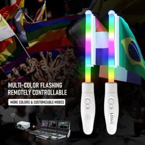 Multi-coloured LED hand waving flags with buttons, featuring a logo, set against a vibrant background of flags.