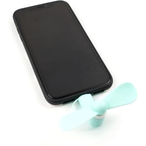 A mini USB fan in mint green connected to a black smartphone, suitable for personal cooling.
