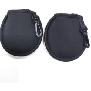 A black golf ball cleaning pouch with a clip, featuring a smooth, rounded design and a zip closure.
