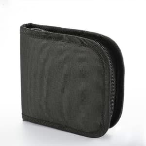 A dark green zippered sewing kit with a sturdy fabric exterior and a compact design. It features a logo.