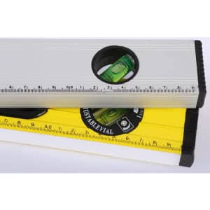 Aluminium alloy spirit levels in silver and yellow, featuring circular vials and measurement markings. One includes a logo.