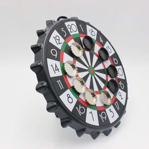 A drink bottle cap-shaped dartboard featuring a black, red, and green design with numbered sections. It has a logo.