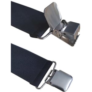 Black adjustable elastic suspenders with metal clips for securing to clothing. Features a sturdy fastening mechanism.