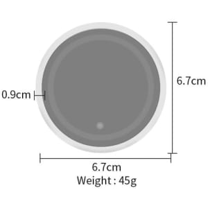 A round, grey LED coaster with a white border, measuring 6.7 cm in diameter and 0.9 cm in height.