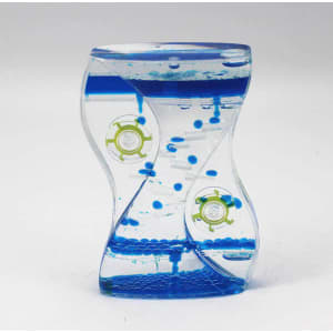 A liquid motion bubbler timer in clear, featuring blue liquid and green swirl designs, with a logo visible.