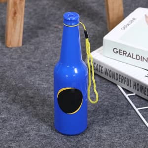 A blue drink bottle shaped like a beer bottle, featuring a black circular area and a yellow wrist strap.