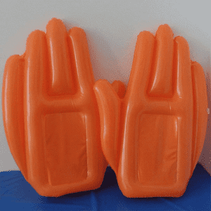 An inflatable cheering hand in bright orange, featuring two oversized hand shapes.