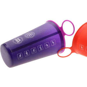 A folding TPU water cup in purple and red, featuring handles and various printed icons.