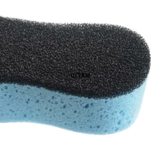 A custom printed car wash sponge in blue with a textured black surface, featuring a logo on one side.