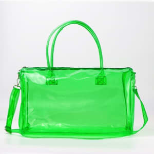 A transparent green duffle bag with handles and a removable strap, featuring a simple design and a logo.