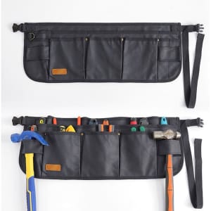 A black multi-pocket tool belt displaying various tools in its pockets, featuring a simple strap for wearing.