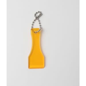 A yellow lottery scratcher keychain with a silver ball chain attached.