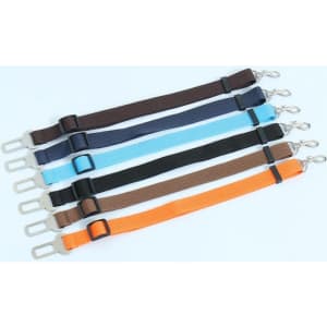 A set of retractable pet car seat belts in various colours, including blue, orange, brown, and black, each with a clip.
