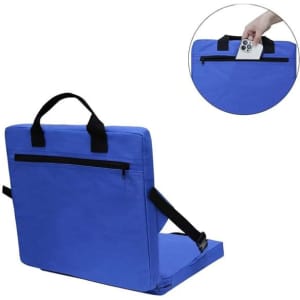 A blue foldable stadium seat cushion with a handle and a zippered pocket. Features adjustable straps for securing.