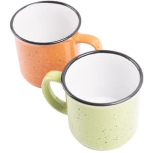 A drinkware set featuring a mini personalised ceramic campfire mug in orange and green with speckled patterns.